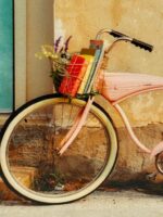 ART WITH BYCYCLE/DOOR - TEAL/PINK/TAN COLORING - Image 2