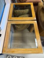 END TABLES - LIGHT BROWN WOOD/GLASS TOPS/PEACOCK STYLE PRINTON CORNERS