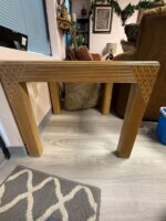 END TABLES - LIGHT BROWN WOOD/GLASS TOPS/PEACOCK STYLE PRINTON CORNERS - Image 2