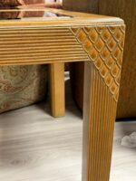 END TABLES - LIGHT BROWN WOOD/GLASS TOPS/PEACOCK STYLE PRINTON CORNERS - Image 3