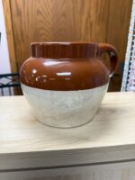 VINTAGE STONEWARE JUG WITH HANDLE - NO COVER OR MARKINGS BROWN/TAN - Image 2