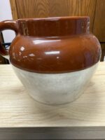 VINTAGE STONEWARE JUG WITH HANDLE - NO COVER OR MARKINGS BROWN/TAN