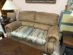KHAKI LOVESEAT WITH BEADED FRONT ARM DESIGN AND CUSTOM CREAM/BLUE/KHAKI SEAT CUSHIONS