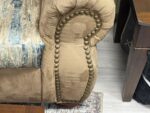 KHAKI LOVESEAT WITH BEADED FRONT ARM DESIGN AND CUSTOM CREAM/BLUE/KHAKI SEAT CUSHIONS - Image 3