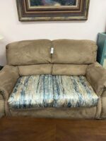 KHAKI LOVESEAT WITH BEADED FRONT ARM DESIGN AND CUSTOM CREAM/BLUE/KHAKI SEAT CUSHIONS - Image 2
