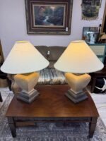 2 LARGE BEAUTIFUL CONCRETE LAMPS WITH SHADES - 1 SHADE COULD USE REPLACEMENT