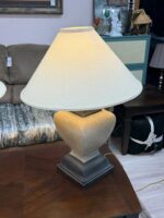 2 LARGE BEAUTIFUL CONCRETE LAMPS WITH SHADES - 1 SHADE COULD USE REPLACEMENT - Image 4
