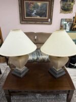 2 LARGE BEAUTIFUL CONCRETE LAMPS WITH SHADES - 1 SHADE COULD USE REPLACEMENT - Image 2