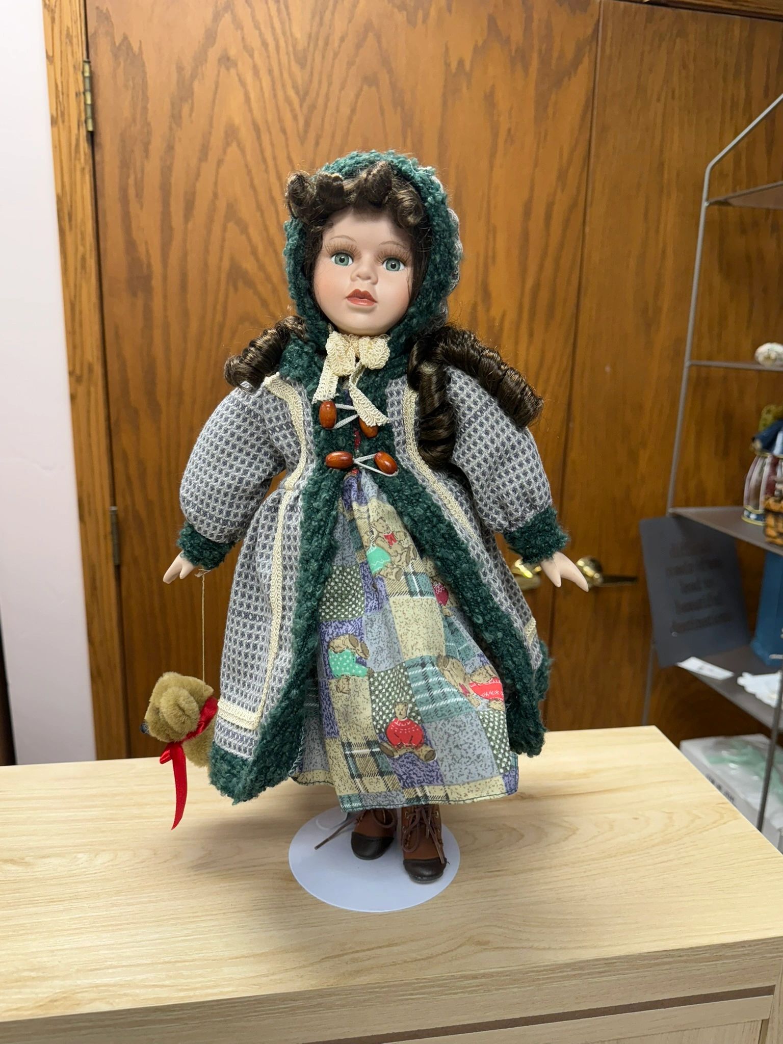 IMG_1291.jpeg 17"H COLLECTORS PORCELAIN DOLL WITH TEDDY BEAR - Image 1