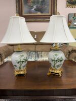 USED - PAIR OF BAMBOO PATTERN DECORATIVE WHITE/GREEN/GOLD LAMPS - VINTAGE ASIAN STYLE - 1BASE HAS REPAIRED CRACK SEE PICTURE (SHIPPING NOT AVAILABLE)