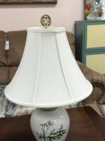 USED - PAIR OF BAMBOO PATTERN DECORATIVE WHITE/GREEN/GOLD LAMPS - VINTAGE ASIAN STYLE - 1BASE HAS REPAIRED CRACK SEE PICTURE (SHIPPING NOT AVAILABLE) - Image 4