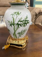 USED - PAIR OF BAMBOO PATTERN DECORATIVE WHITE/GREEN/GOLD LAMPS - VINTAGE ASIAN STYLE - 1BASE HAS REPAIRED CRACK SEE PICTURE (SHIPPING NOT AVAILABLE) - Image 2