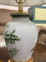 USED - PAIR OF BAMBOO PATTERN DECORATIVE WHITE/GREEN/GOLD LAMPS - VINTAGE ASIAN STYLE - 1BASE HAS REPAIRED CRACK SEE PICTURE (SHIPPING NOT AVAILABLE) - Image 7