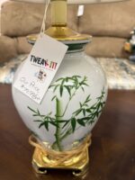 USED - PAIR OF BAMBOO PATTERN DECORATIVE WHITE/GREEN/GOLD LAMPS - VINTAGE ASIAN STYLE - 1BASE HAS REPAIRED CRACK SEE PICTURE (SHIPPING NOT AVAILABLE) - Image 5
