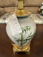 USED - PAIR OF BAMBOO PATTERN DECORATIVE WHITE/GREEN/GOLD LAMPS - VINTAGE ASIAN STYLE - 1BASE HAS REPAIRED CRACK SEE PICTURE (SHIPPING NOT AVAILABLE) - Image 6
