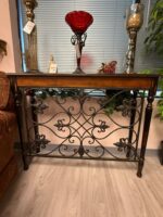 ENTRY WAY TABLE - BROWN WOOD AND WROUGHT IRON