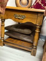 SOLID WOOD COFFEE TABLE AND 2 END TABLES - DARK WOOD WITH DECORATIVE HANDLES - Image 2