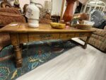 SOLID WOOD COFFEE TABLE AND 2 END TABLES - DARK WOOD WITH DECORATIVE HANDLES
