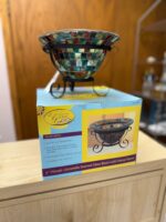 6.5"H X 9" DIAMETER - MOSAIC CITRONELLA DYED AND STAINED GLASS CANDLE HOLDER - WROUGH IRON METAL STAND