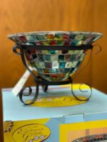 6.5"H X 9" DIAMETER - MOSAIC CITRONELLA DYED AND STAINED GLASS CANDLE HOLDER - WROUGH IRON METAL STAND - Image 4