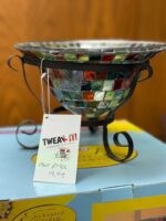 6.5"H X 9" DIAMETER - MOSAIC CITRONELLA DYED AND STAINED GLASS CANDLE HOLDER - WROUGH IRON METAL STAND - Image 3