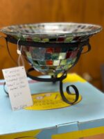 6.5"H X 9" DIAMETER - MOSAIC CITRONELLA DYED AND STAINED GLASS CANDLE HOLDER - WROUGH IRON METAL STAND - Image 2