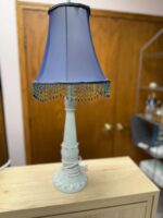 25.5"H BEAUTIFUL CUSTOM VICTORIAN DISTRESSED GREY TABLE LAMP WITH PURPLE BEADED SHADE