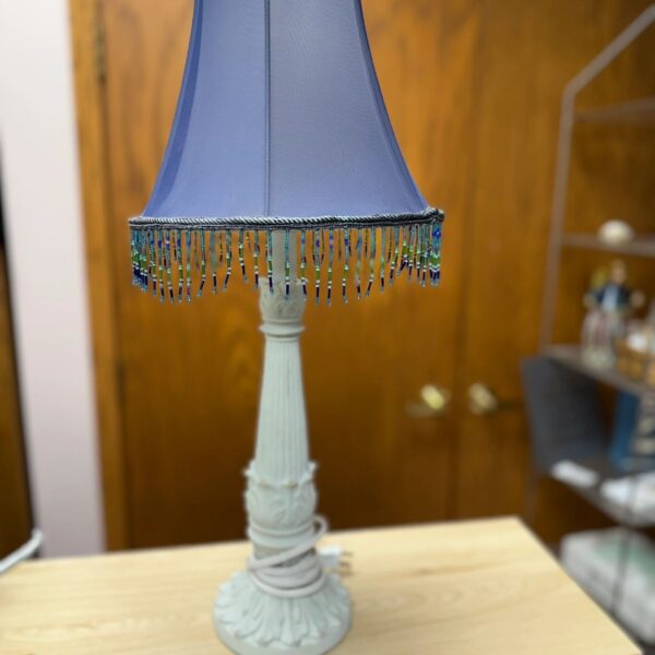 25.5"H BEAUTIFUL CUSTOM VICTORIAN DISTRESSED GREY TABLE LAMP WITH PURPLE BEADED SHADE