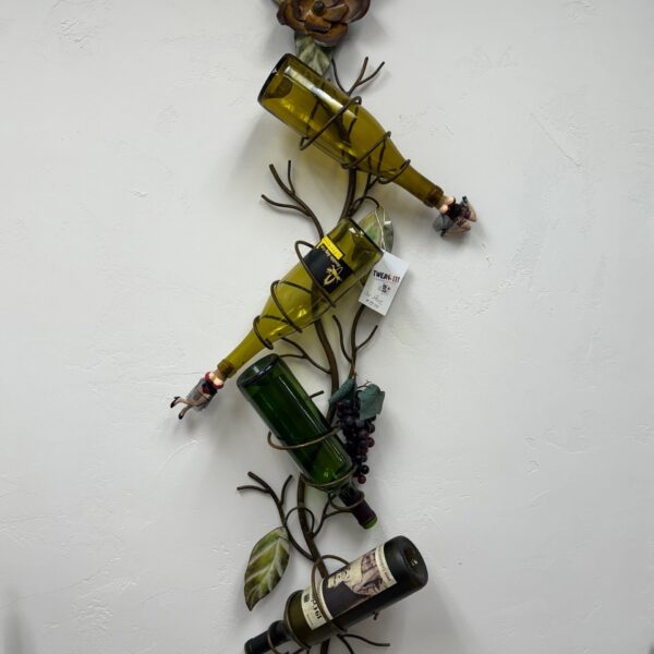 46"H IRON GRAPEVINE WINE BOTTLE WALL HOLDER - 4 BOTTLES W/2 FEMALE CORK STOPS
