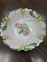 10" ROUND ANTIQUE GERMAN PORCELAIN SERVING BOWL - FLOWERS HYDRANGAS/ROSES INLAID WITH GOLD TRIM