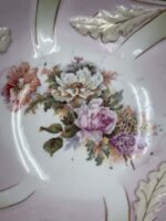 10" ROUND ANTIQUE GERMAN PORCELAIN SERVING BOWL - FLOWERS HYDRANGAS/ROSES INLAID WITH GOLD TRIM - Image 3