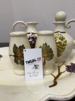 TABLETOPS UNLIMITED CERAMIC GRANDECRUETS SET (MISSING CADDY AND 1 STOPPER) - SALT/PEPPER/OIL/VINEGAR