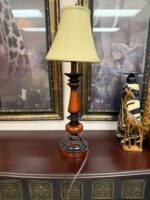 BEAUTIFUL WOOD TONED SMALL LAMP WITH TAN SHADE - 25.5" H