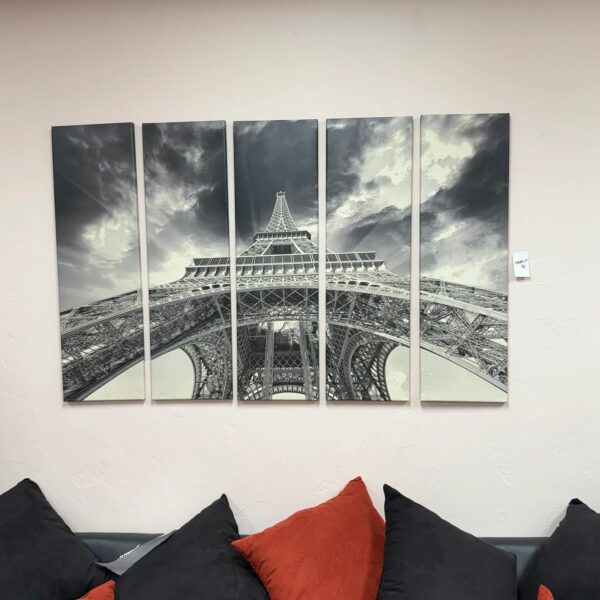 60"x 39.5" 5 piece black and white eiffel tower pic