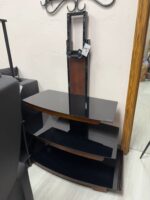 3 TIER WOOD AND GLASS TV STAND WITH ARM FOR TV MOUNT