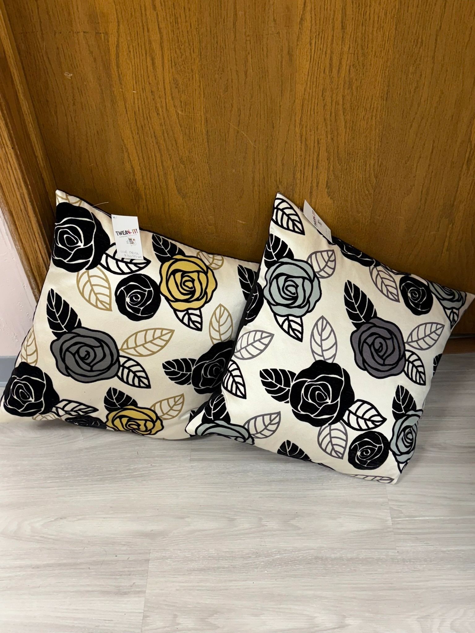 IMG_3120.jpeg SET OF 2 18" SQUARE PILLOWS - BLACK ROSES WITH SOME GOLD AND GREEN - Image 1