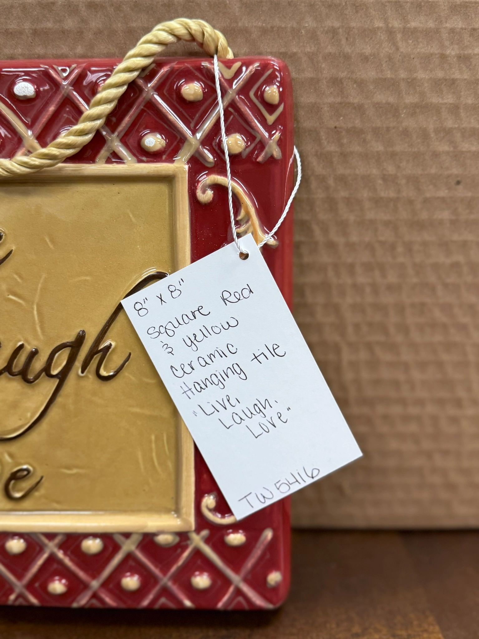 IMG_3148.jpeg 8" SQUARED RED & YELLOW CERAMIC HANGING TILE "LIVE, LAUGH, LOVE" - Image 1