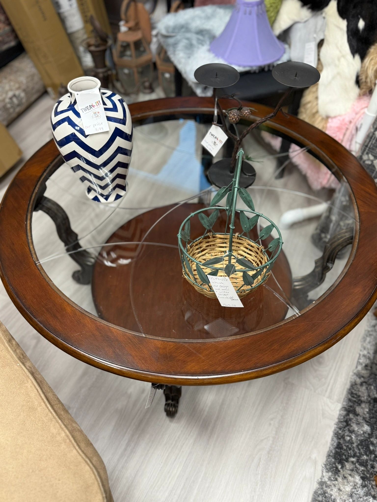 IMG_3493.jpeg ROUND WOOD & GLASS COCKTAIL TABLE WITH DECORATIVE LEGS - HEAVY! - Image 1