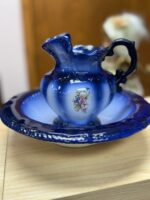 IRONSTONE COBALT BLUE VINTAGE WASH BASIN BLUE/WHITE WITH FLOWER PRINT - 6.5" H X 9"W