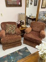 VINTAGE PAISLEY BURGANDY/GOLD LEAF PATTERN SWIVEL/GLIDER EXTREMELY COMFORTABLE CHAIR SET OF 2 - Image 5