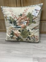 CHINOISERIE PILLOW COVER WITH PILLOW INSERT - FLORAL DESIGN W/BIRD SHADES OF CREAM, GREEN RED & BLUE