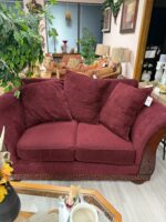 Burgundy/maroon Corduroy Couch with beautiful wood design
