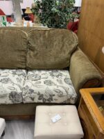LOVESEAT COUCH WITH GREEN CORDUROY MATERIAL AND CUSTOM FLORAL CUSHIONS - Image 2