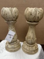 PAIR VINTAGE DISRESSED WOOD TULIP CANDLESTICK HOLDERS