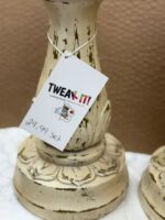 PAIR VINTAGE DISRESSED WOOD TULIP CANDLESTICK HOLDERS - Image 4