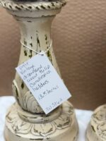 PAIR VINTAGE DISRESSED WOOD TULIP CANDLESTICK HOLDERS - Image 2